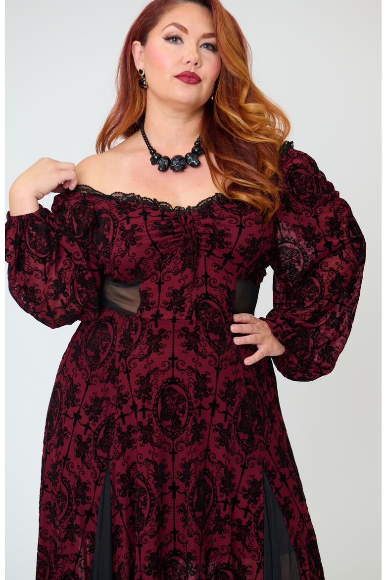 Plus Size Sheer Spiderweb Godet Maxi Dress, Alternate, color, Red Swirling Floral Print