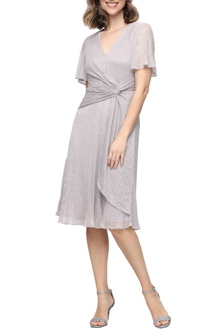 Knot Front Metallic Cocktail Dress, Main, color, PEARL
