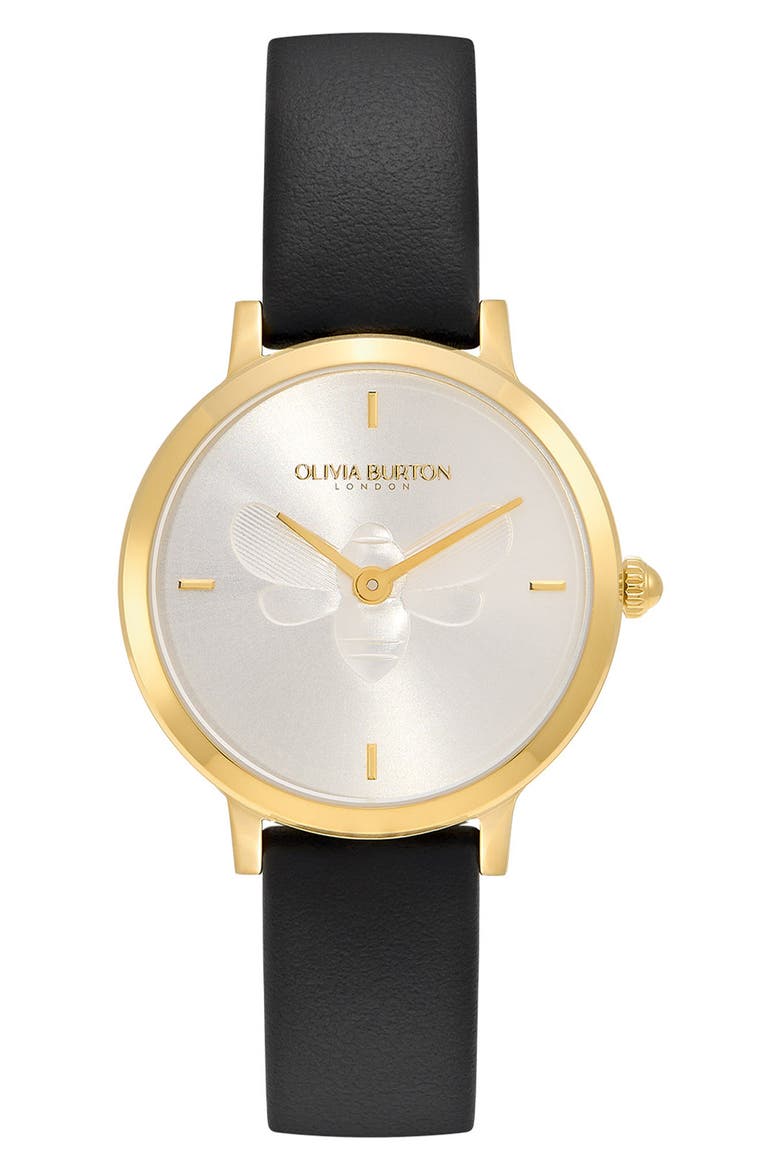 Signature Bees Leather Strap Watch, 28mm, Main, color, WHITE