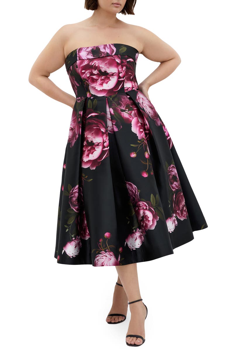City Chic Tiffany Bloom Strapless Cocktail Dress, Main, color, Multi Bloom