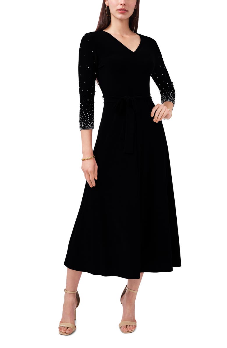Chaus Embellished Tie Waist Midi Dress, Main, color, Black