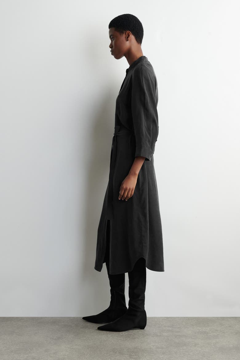 Belted Collarless Midi Shirt Dress, Alternate, color, BLACK