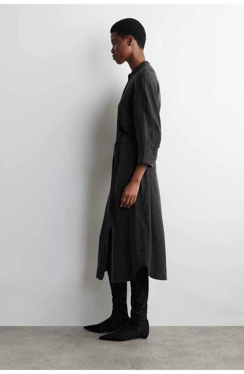 COS Belted Collarless Midi Shirt Dress, Alternate, color, Black