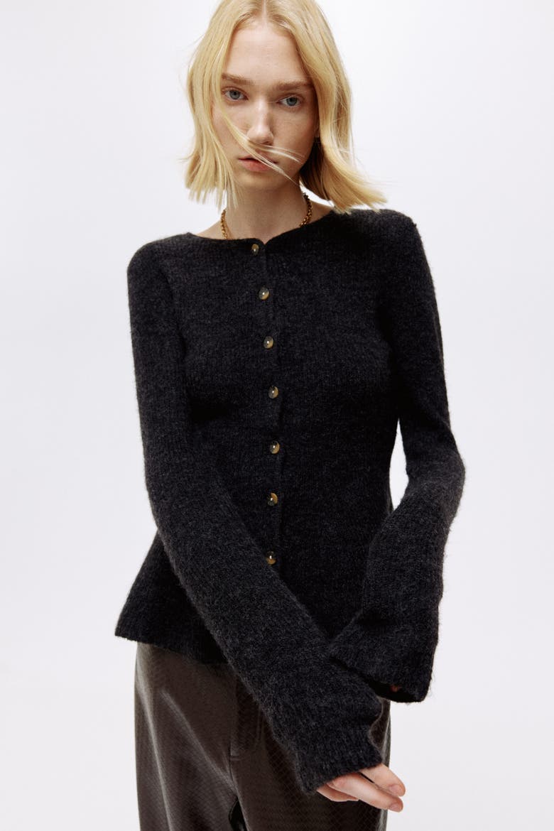 Rib-knit Peplum Cardigan, Alternate, color, Dark gray melange