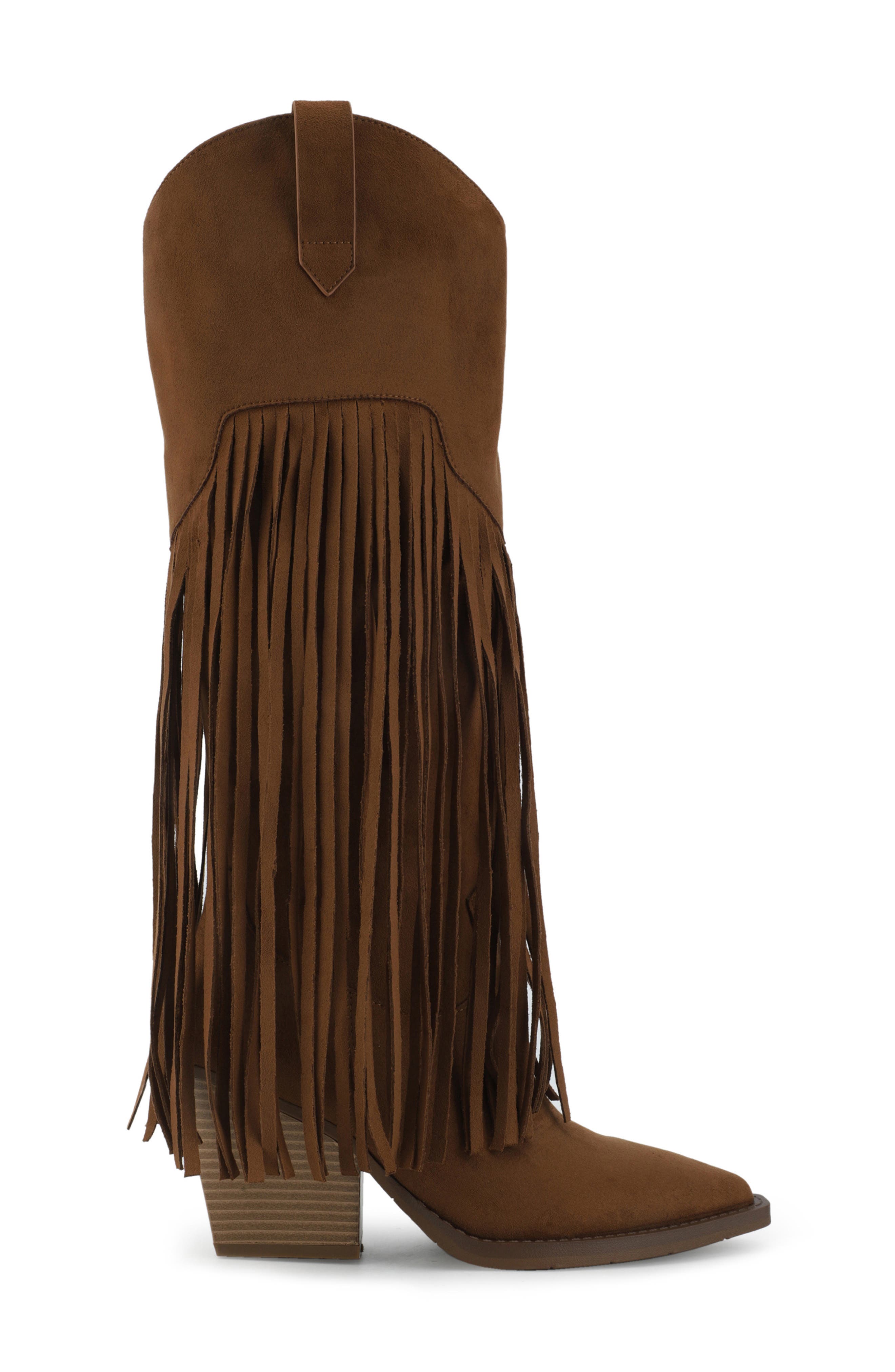 Yuma Fringe Knee High Western Boot, Alternate, color, COGNAC