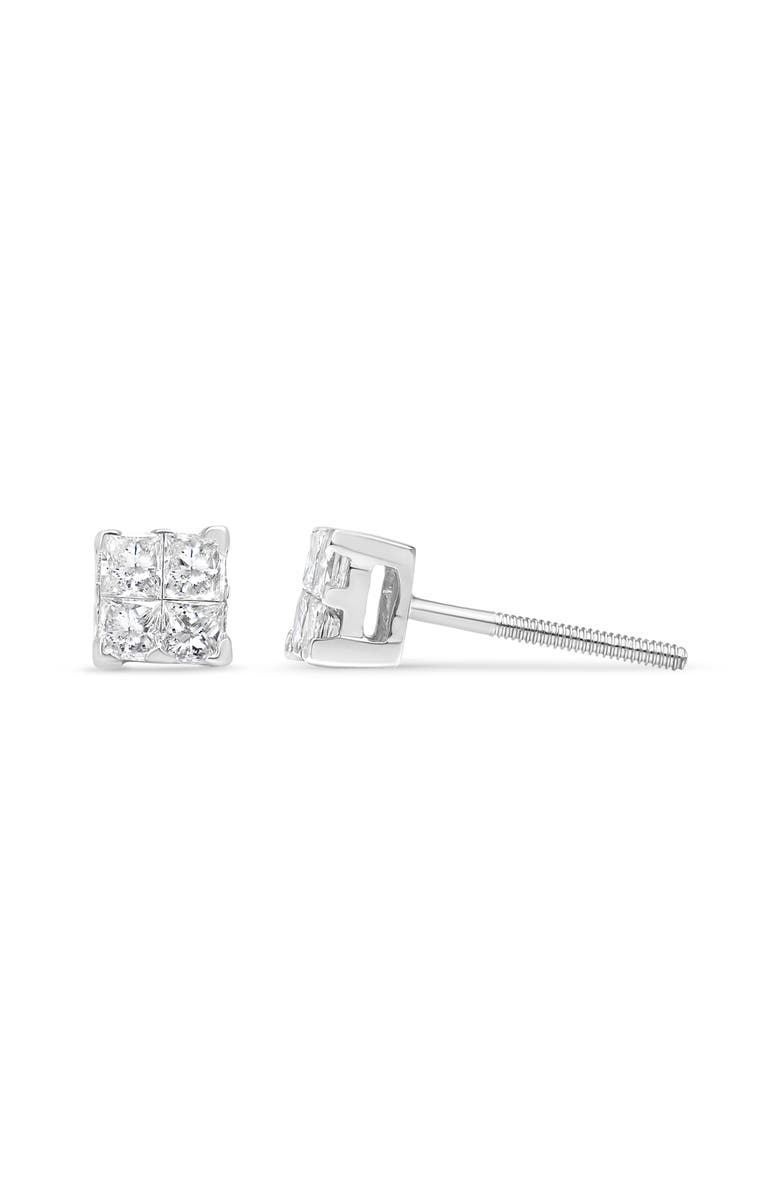 Haus of Brilliance Silver 5/8 Ct Princess Diamond Invisible Quad Composite Stud Earrings, Alternate, color, White