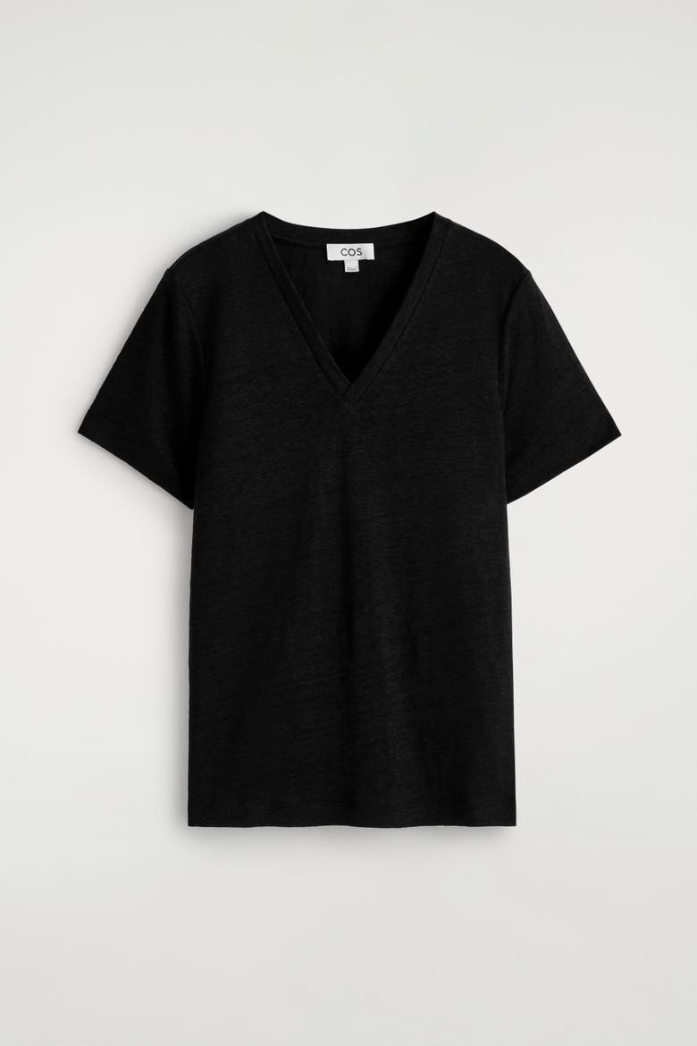 V-neck Linen T-shirt, Alternate, color, BLACK