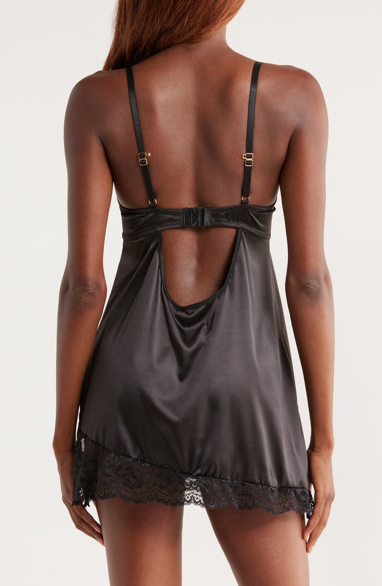 Coquette Ever After Stretch Satin Chemise, Alternate, color, Black