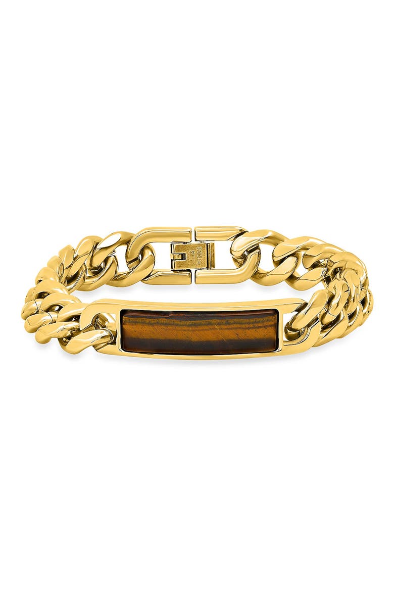 Men's 18k Gold Plated Tiger's Eye Inlay ID Curb Chain Bracelet, Main, color, GOLD
