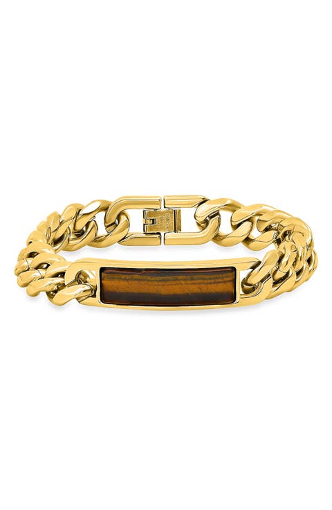 Men's 18k Gold Plated Tiger's Eye Inlay ID Curb Chain Bracelet