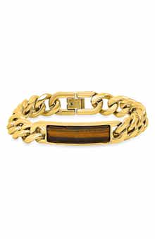 Men's 18k Gold Plated Tiger's Eye Inlay ID Curb Chain Bracelet