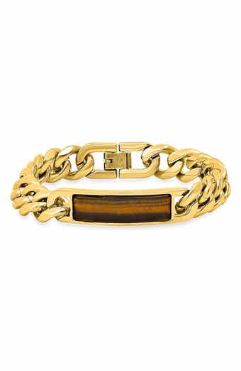 Men's 18k Gold Plated Tiger's Eye Inlay ID Curb Chain Bracelet