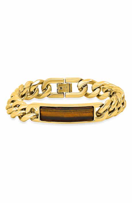 Men's 18k Gold Plated Tiger's Eye Inlay ID Curb Chain Bracelet