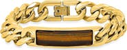 STEELTIME Men's 18k Gold Plated Tiger's Eye Inlay ID Curb Chain Bracelet