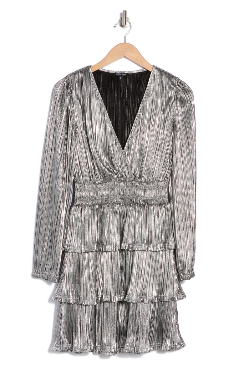 Metallic Long Sleeve Ruffle Plissé Dress, Alternate, color, SILVER