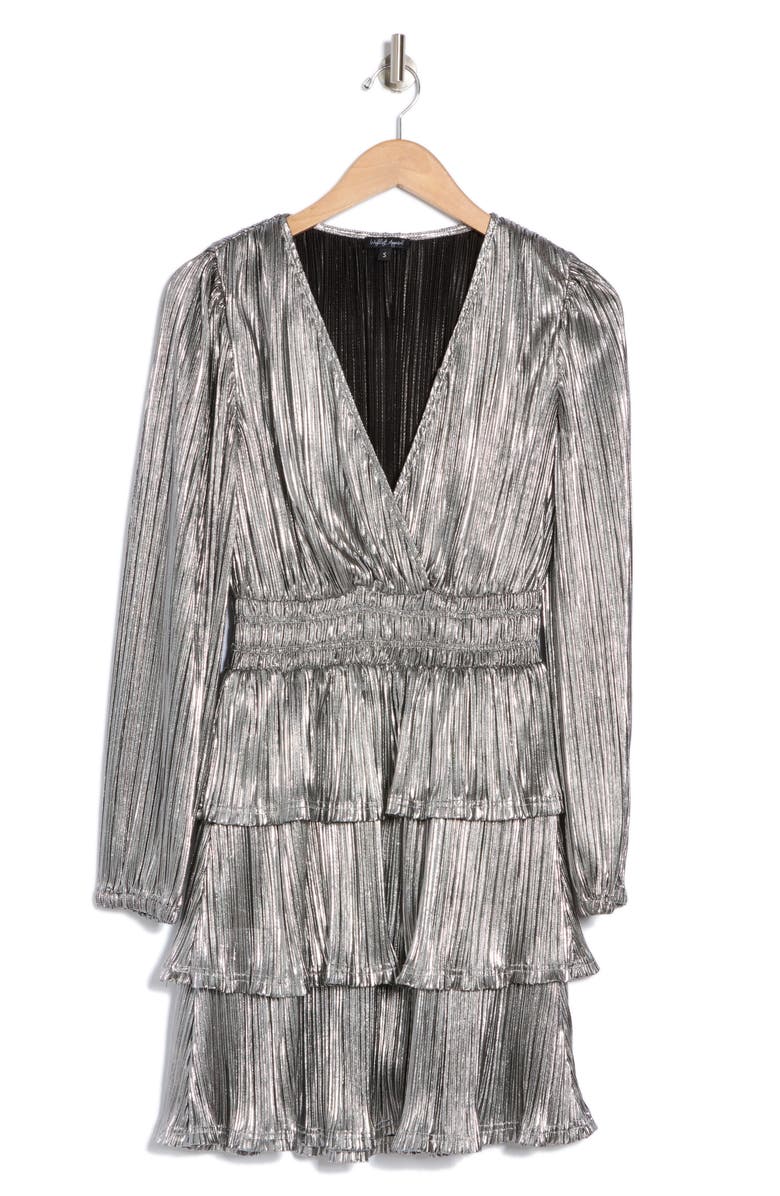 WISHLIST Metallic Long Sleeve Ruffle Plissé Dress, Alternate, color, Silver
