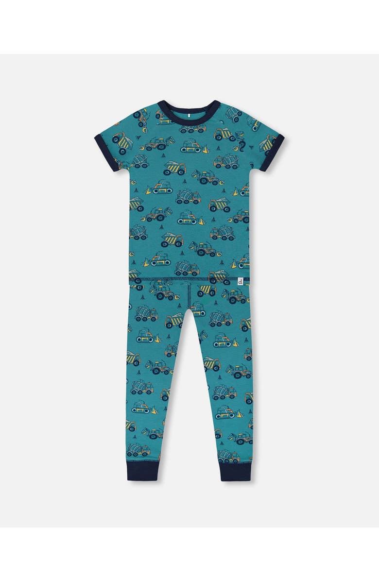 Deux par Deux Boy's Organic Cotton Two-Piece Short Sleeve Top And Pant Pajama Set Teal With Yellow Truck, Main, color,