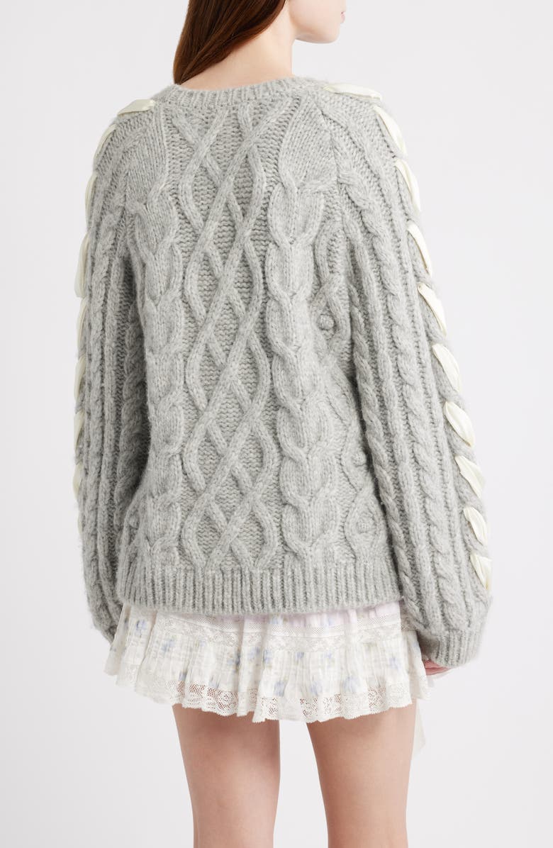 LoveShackFancy Kloss Ribbon Detail Alpaca Blend Cable Sweater, Alternate, color, Grey Melange