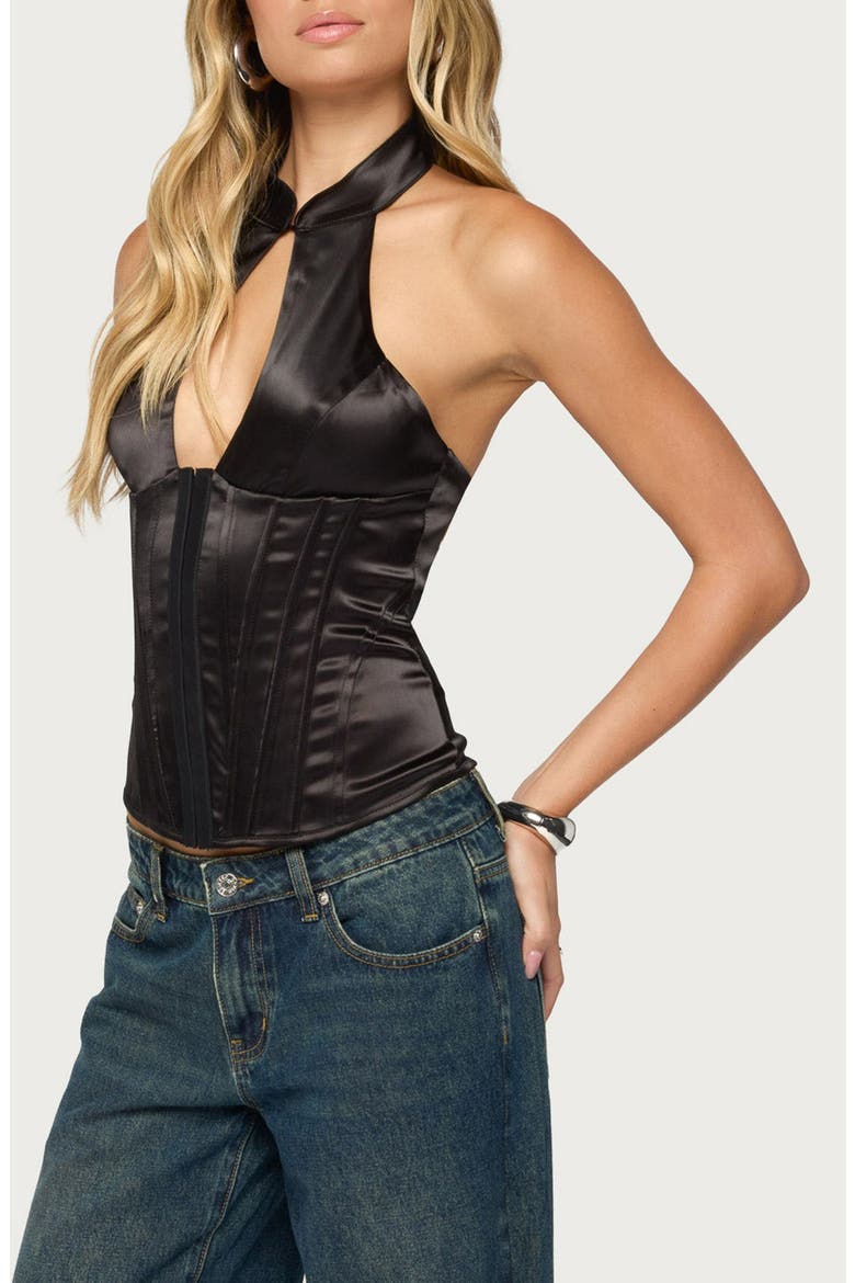 Yaeva Cutout Lace-Up Halter Corset Top, Alternate, color, BLACK