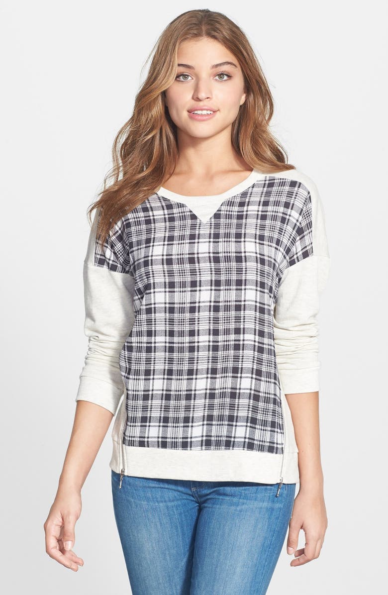 Bobeau Plaid Front Side Zip Sweatshirt, Main, color, 