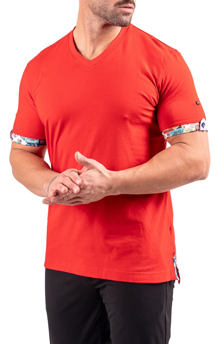 Maceoo Vivaldi Scarlet Red V-Neck Cotton T-Shirt, Alternate, color, Red