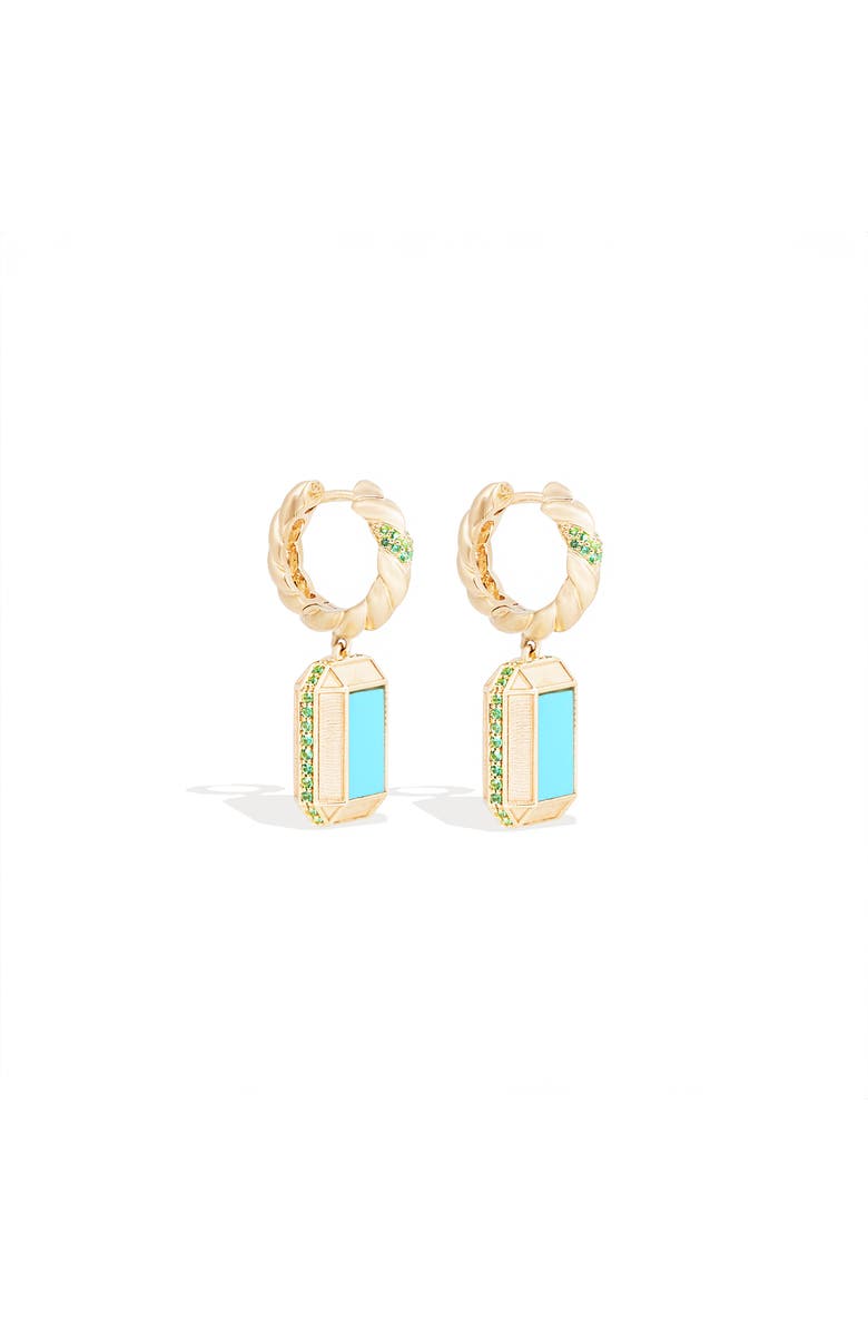 Campbell + Charlotte Spark Emerald Cut Drop Huggie, Main, color, Turquoise & Emerald-Gold