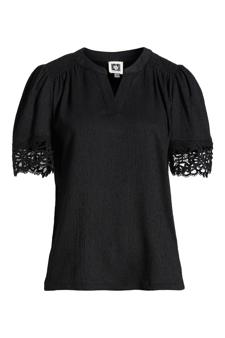 Lace Trim Crinkle Top, Alternate, color, ANNE BLACK