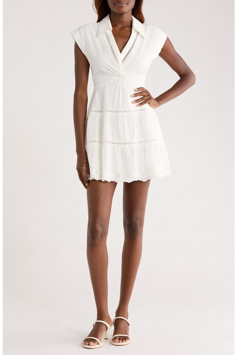 Mila Deep V-Neck Cotton & Linen Eyelet Minidress, Main, color, OFF WHITE