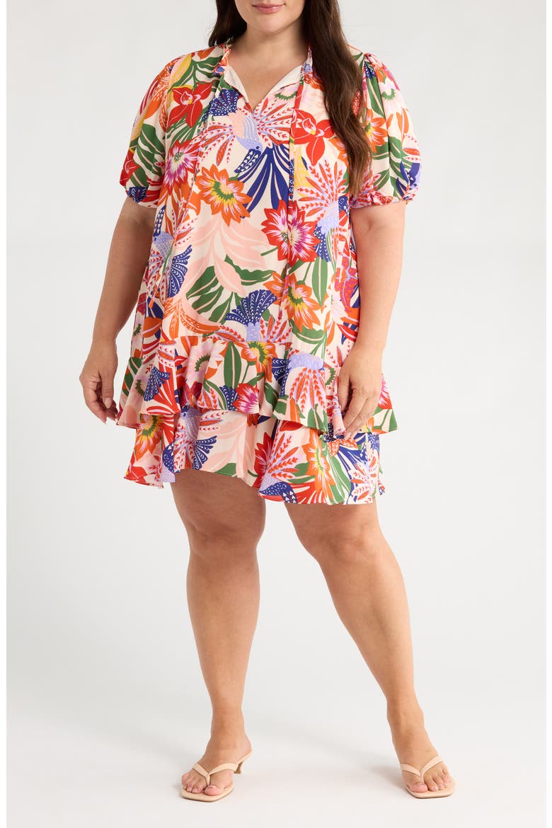 Hatley Floral Split Neck Minidress, Main, color, BLUE/ PINK/ CREAM