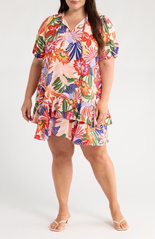 SUGARLIPS Hatley Floral Split Neck Minidress in Blue/Pink/Cream 