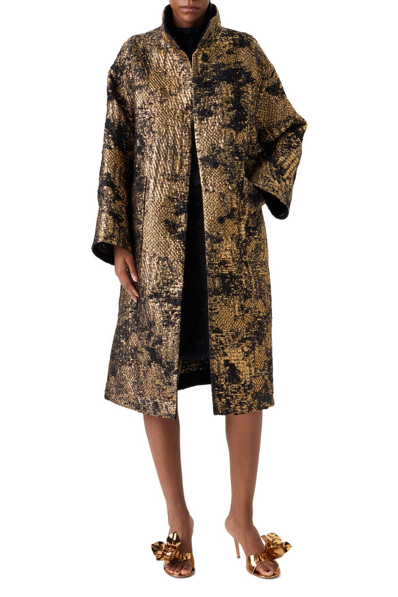Metallic Jacquard A-Line Coat, Alternate, color, BLACK-GOLD