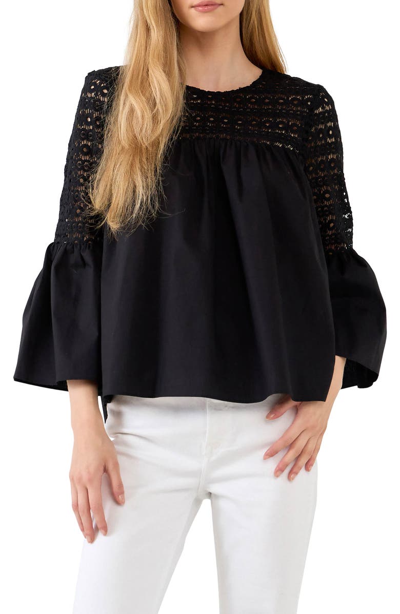 Endless Rose Bell Sleeve Lace Poplin Blouse, Alternate, color,