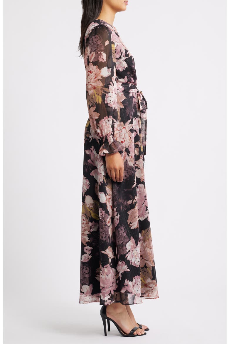 Metallic Floral Print Long Sleeve Faux Wrap Maxi Dress, Alternate, color, ANNE BLACK MULTI