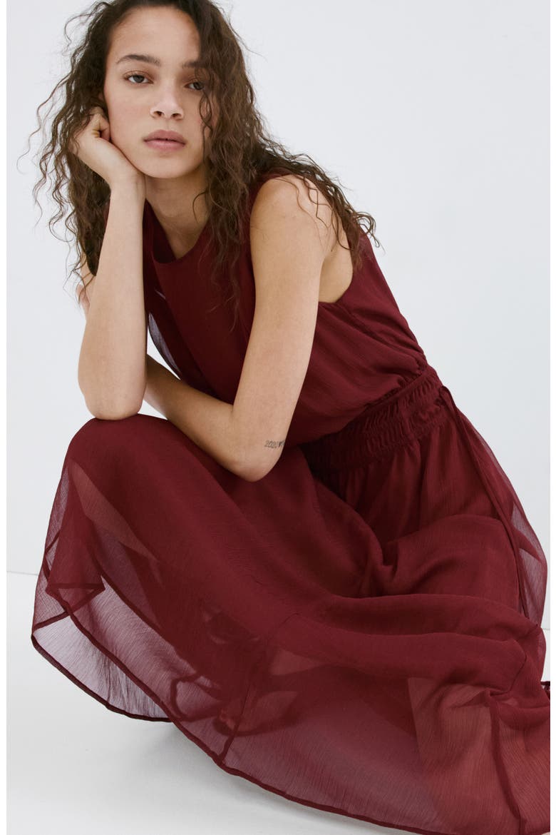 Sleeveless Gathered Waist Dress, Alternate, color, BURGUNDY