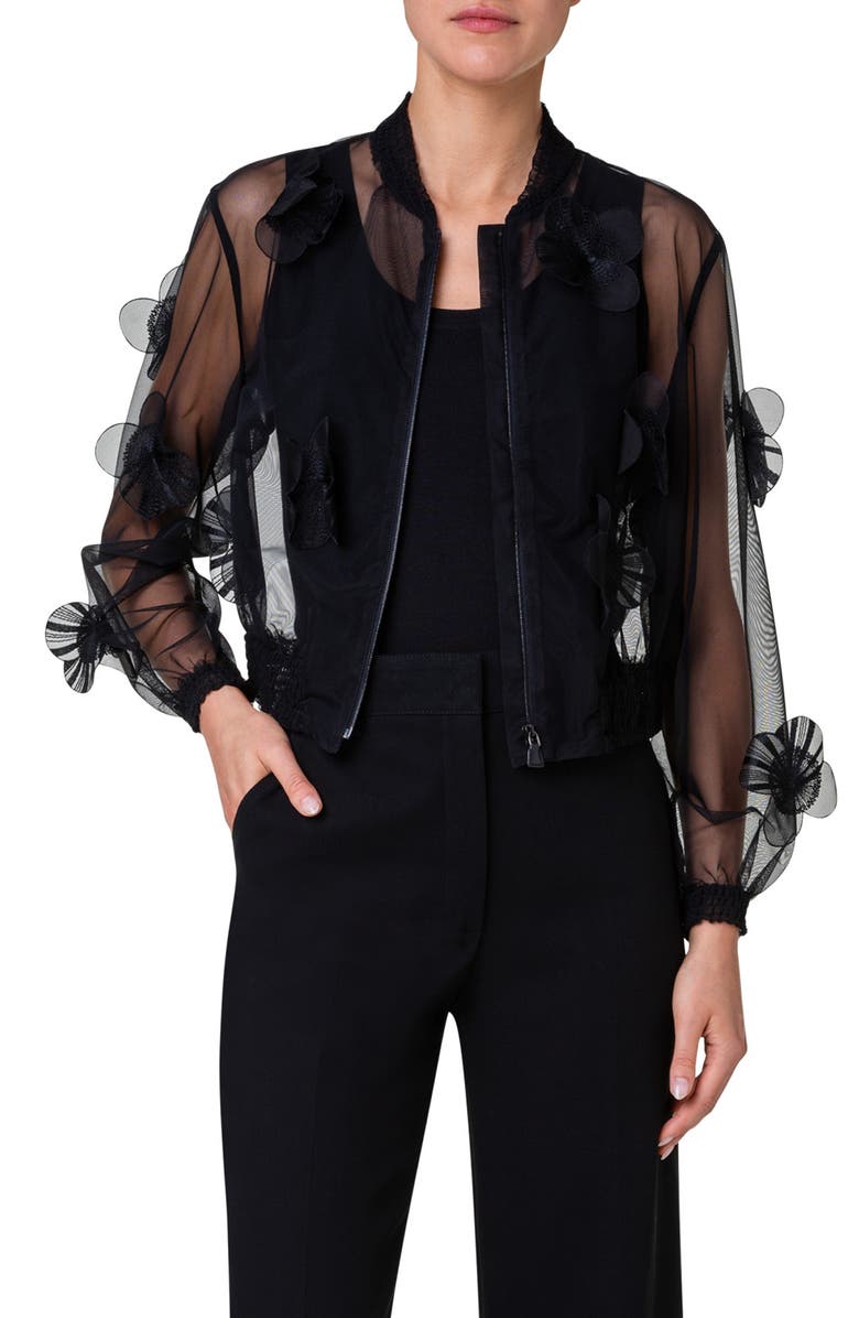Akris Taida Poppy Appliqué Sheer Bomber Jacket, Main, color, Black