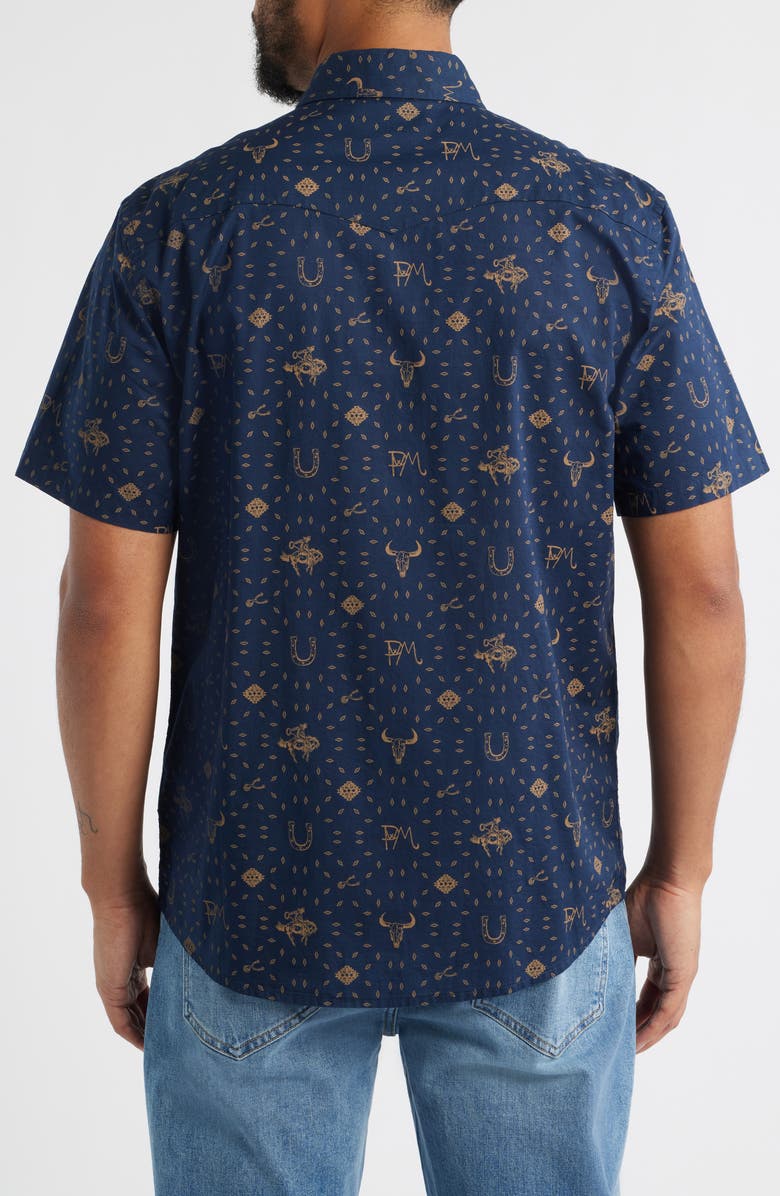 Pendleton Laramie Horseshoe Print Short Sleeve Snap-Up Western Shirt, Alternate, color, Western Navy