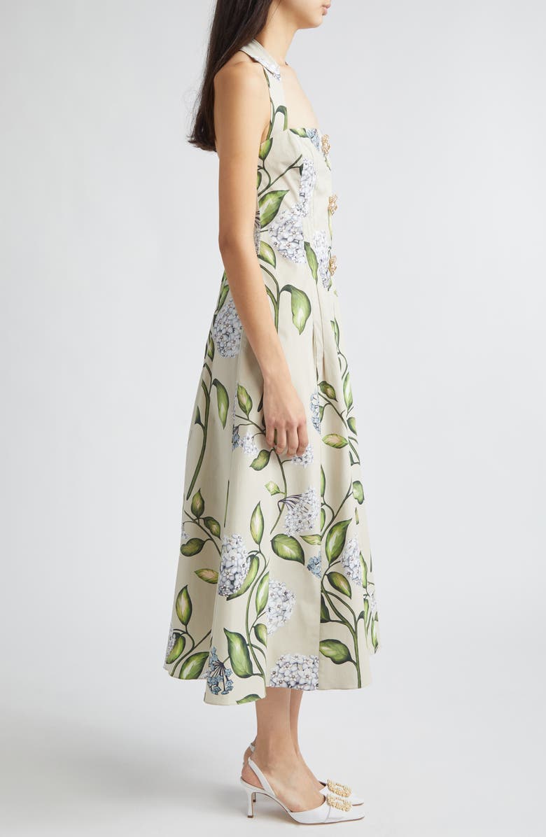 Oscar de la Renta Porcelain Flowers Stretch Cotton Poplin Halter Neck Dress, Alternate, color, Denim/ Oatmeal