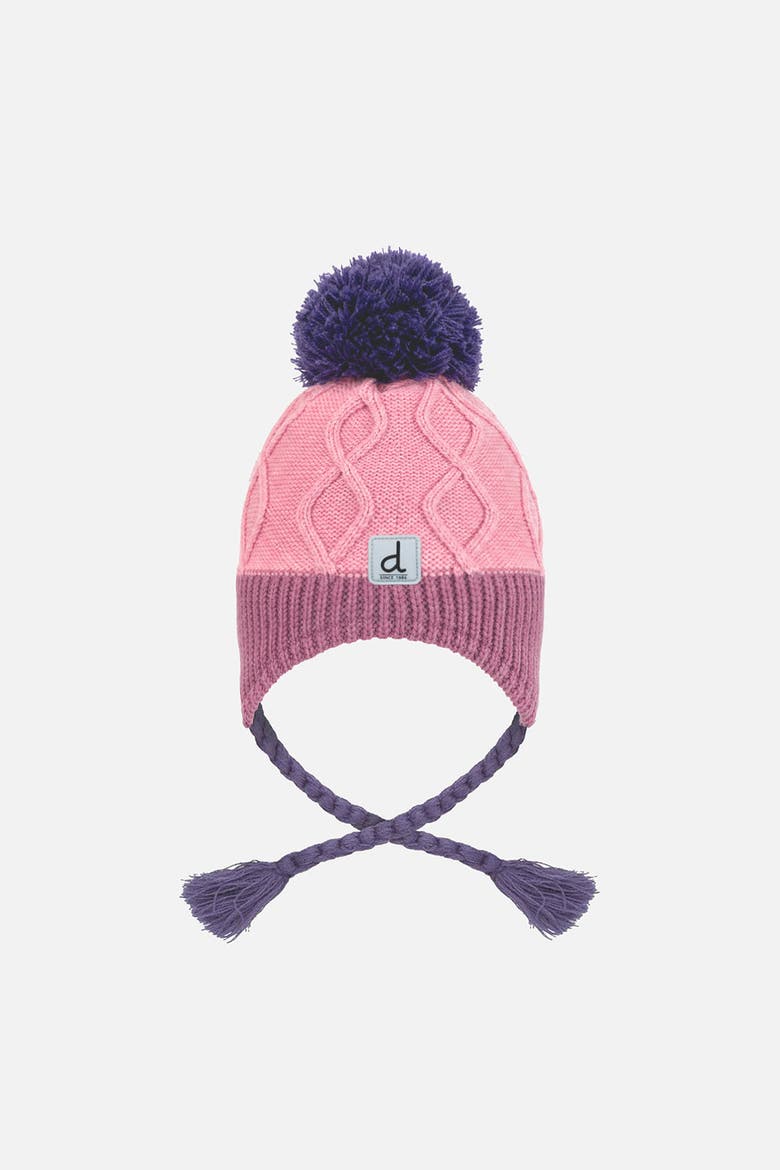 Winter Peruvian Color Block Fleece-Lined Pompom Knit Hat, Alternate, color, Rose and Mauve