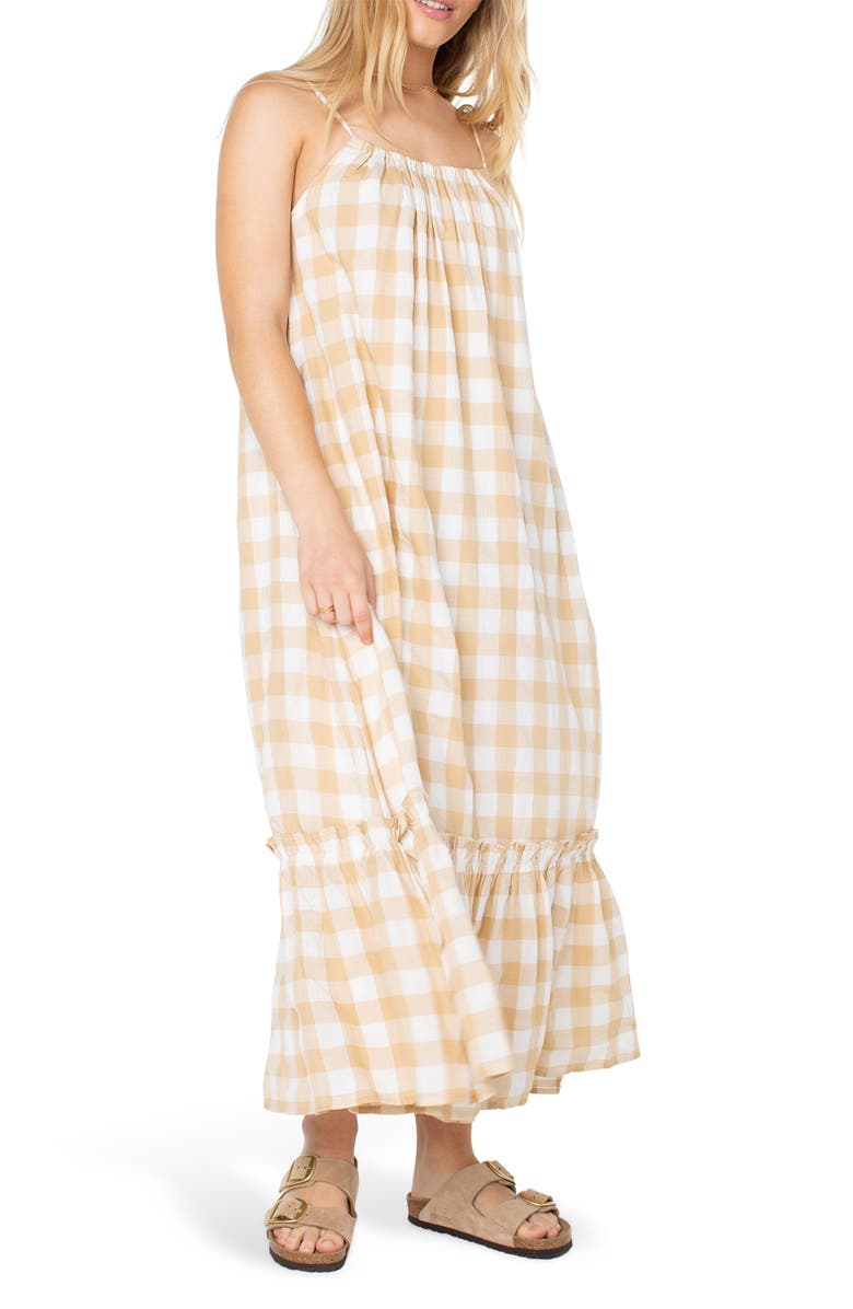 Roxy Sunchaser Check Sleeveless Maxi Dress, Alternate, color, Beige Pucker Up Y/ D Plaid