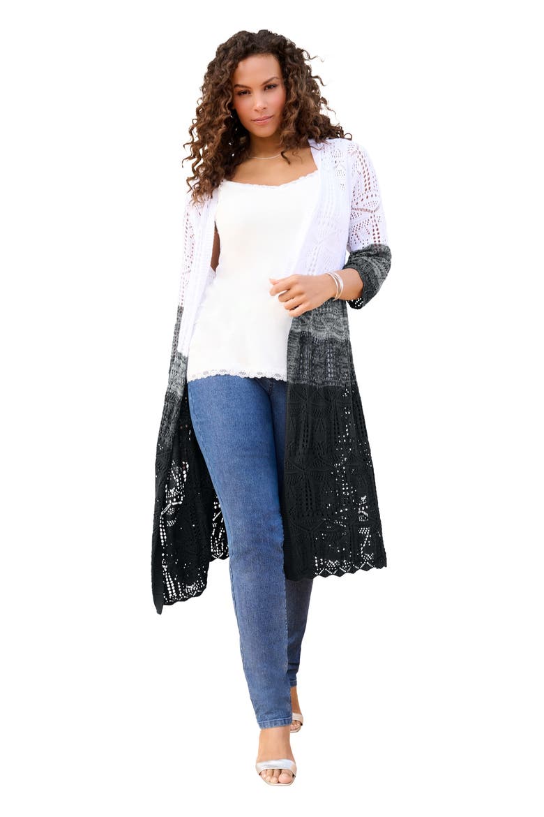 Knee Length Pointelle Cardigan, Main, color, BLACK WHITE