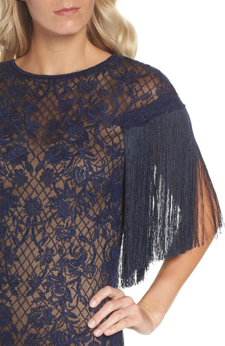 Tadashi Shoji Embroidered Mesh & Fringe Gown, Alternate, color, 