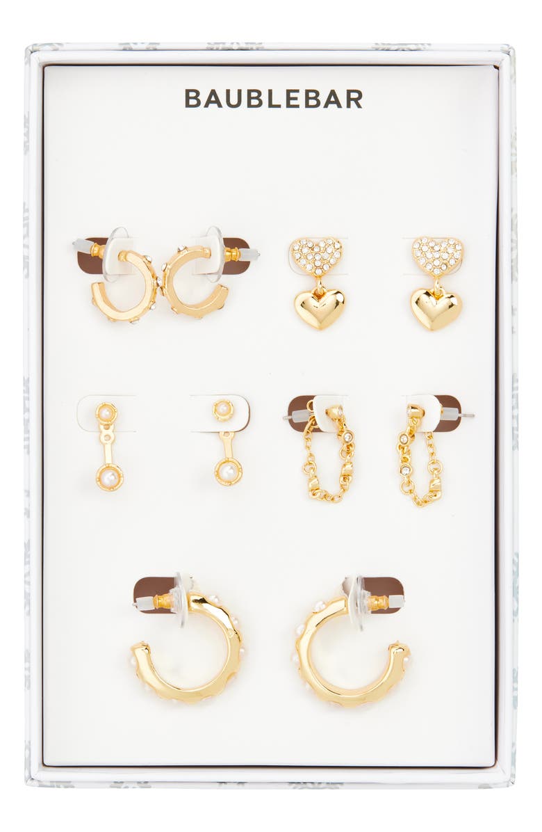 BaubleBar Crystal & Faux Pearl 5-Pack Earring Set, Main, color, Gold