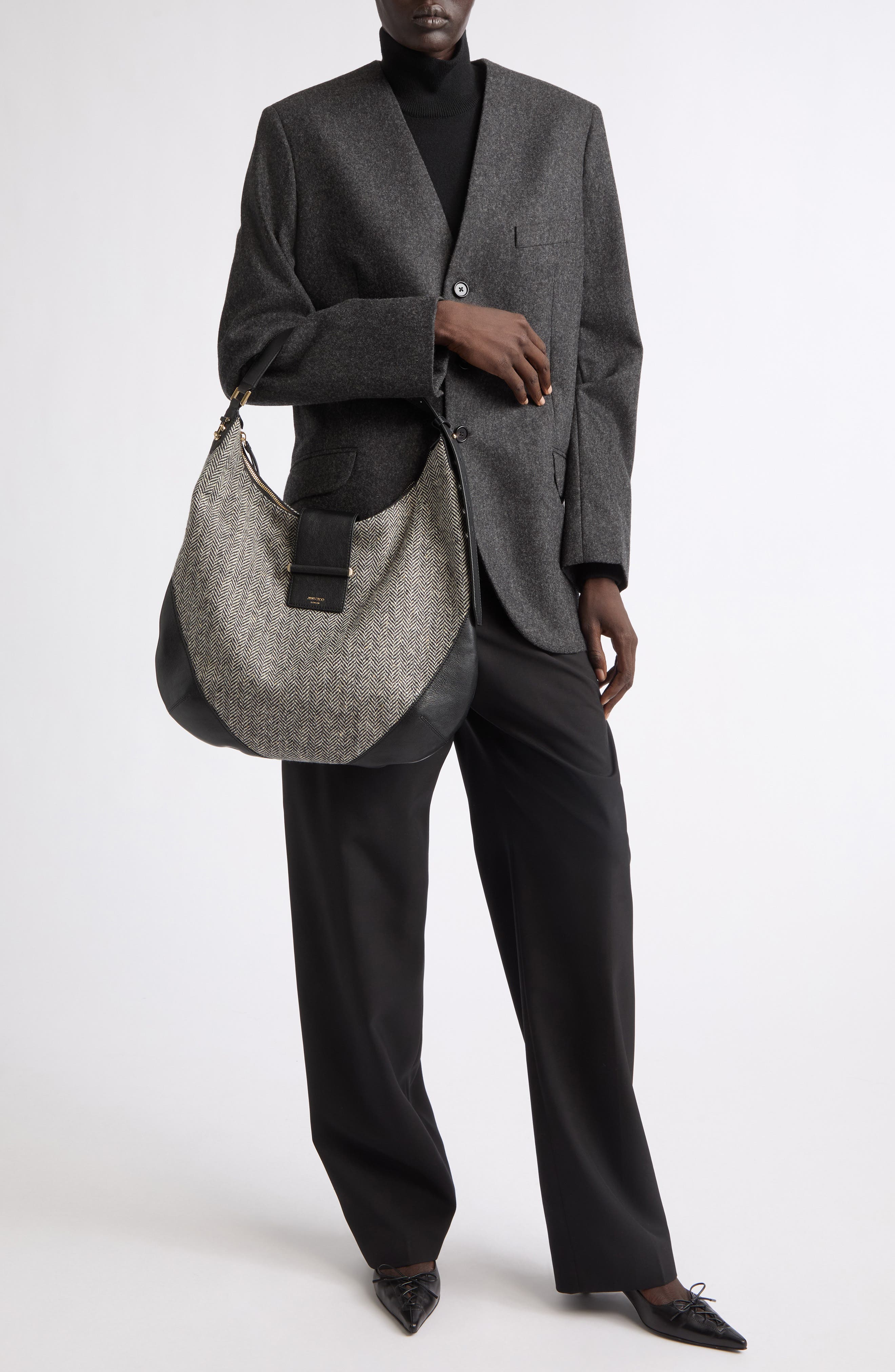 Bar Herringbone Hobo, Alternate, color, BLACK/ BAMBOO MIX/ SHINY GOLD