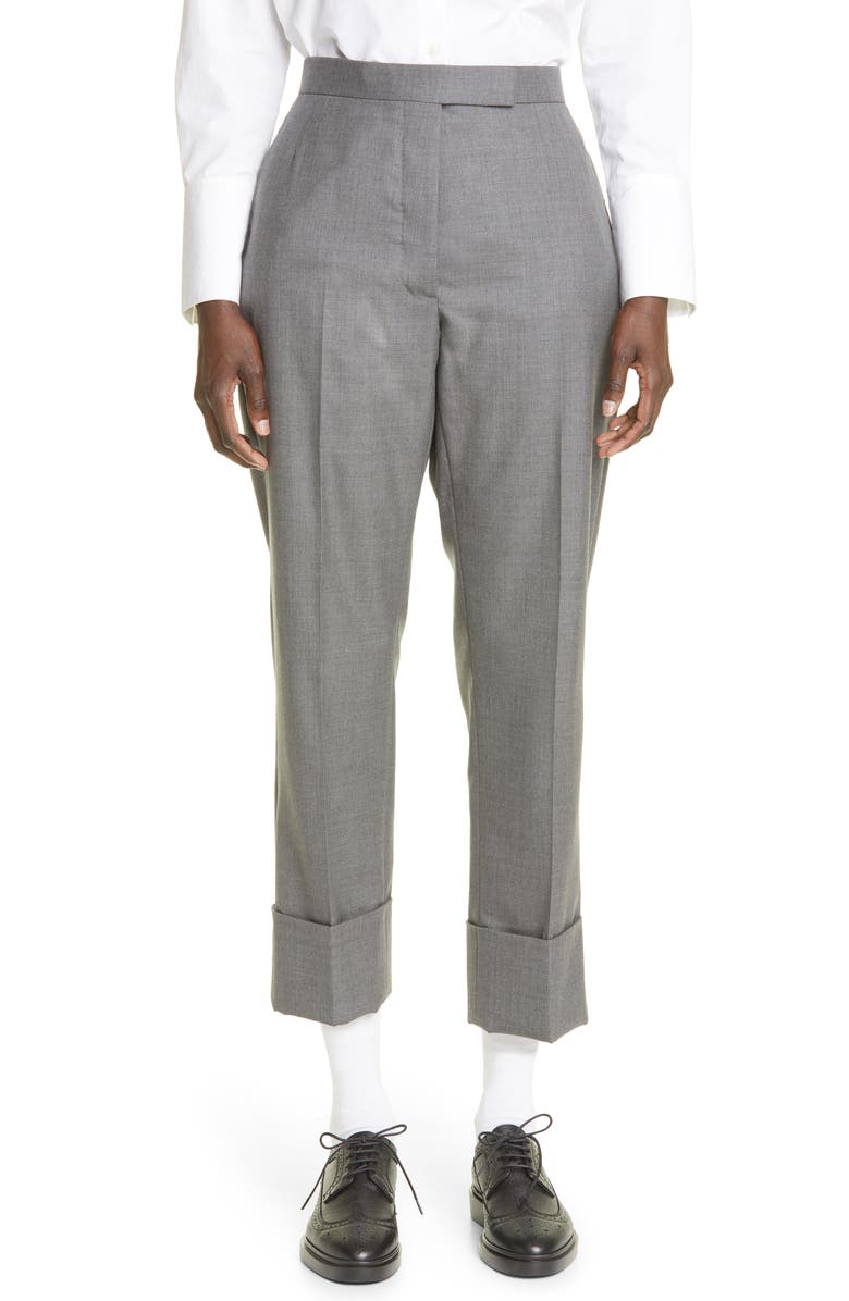Thom Browne Back Strap Wool Cuff Crop Pants, Main, color, Medium Grey