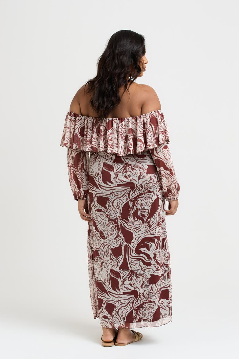 Curve Ruffle Bardot Midaxi Dress, Alternate, color, Brown