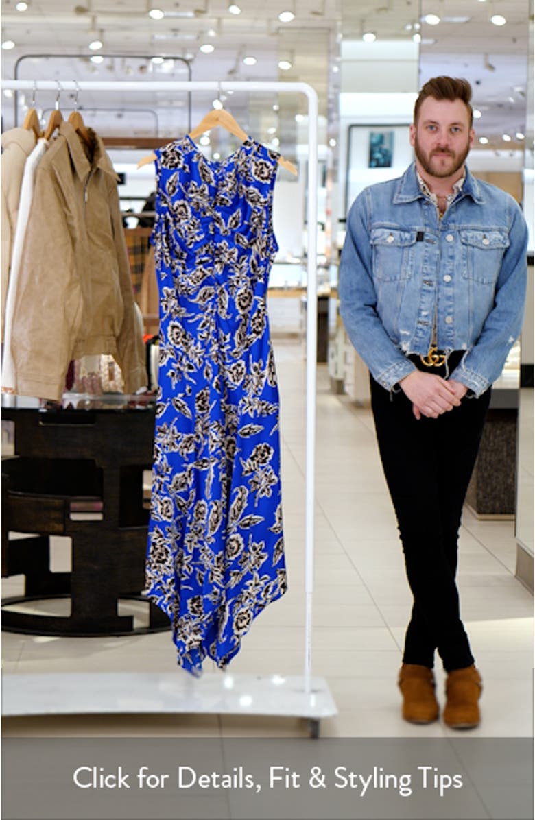 Floral Sleeveless Ruched Satin Midi Dress, sales video thumbnail