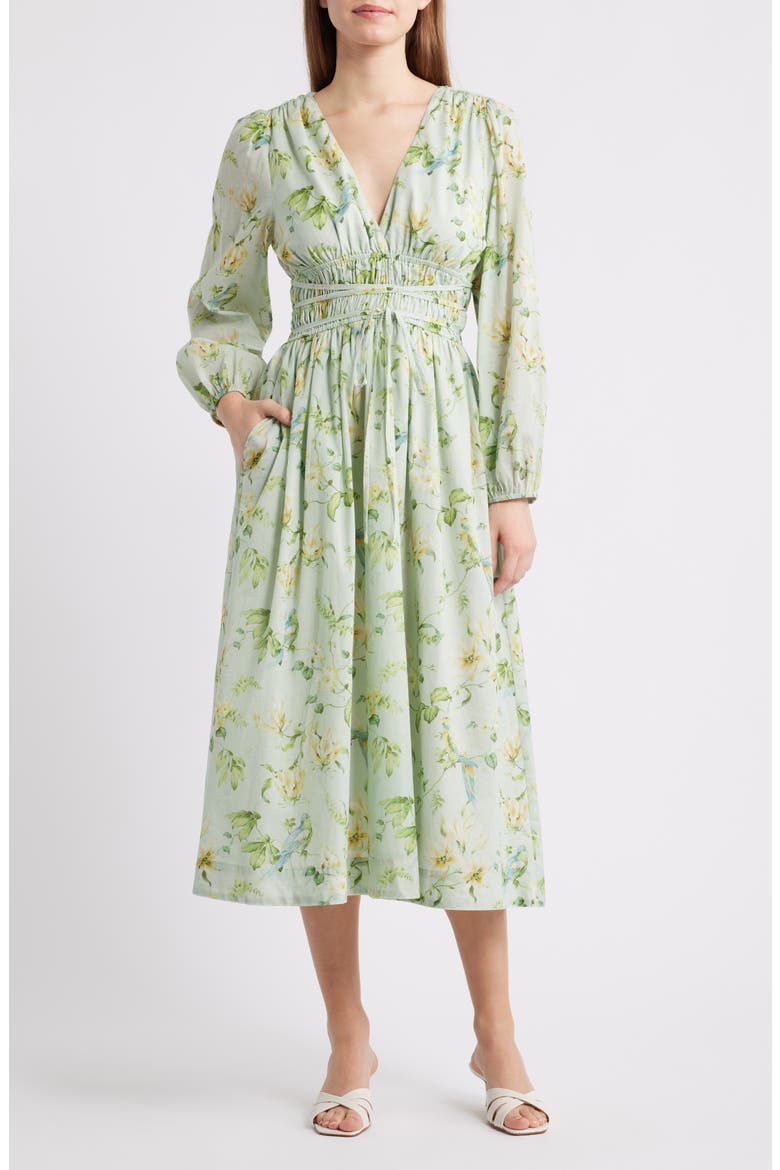 Rylee Floral Long Sleeve Cotton Midi Dress, Main, color, SAGE OLIVE YELLOW