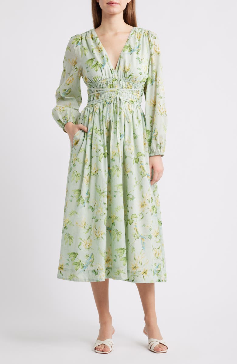 En Saison Rylee Floral Long Sleeve Cotton Midi Dress, Main, color, Sage Olive Yellow