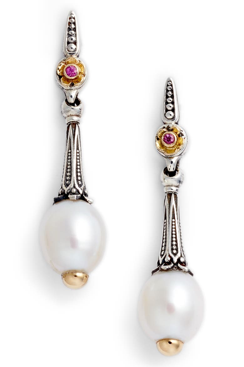 Pearl & Pink Sapphire Drop Earrings, Main, color, SILVER/ GOLD/ WHITE/ PINK