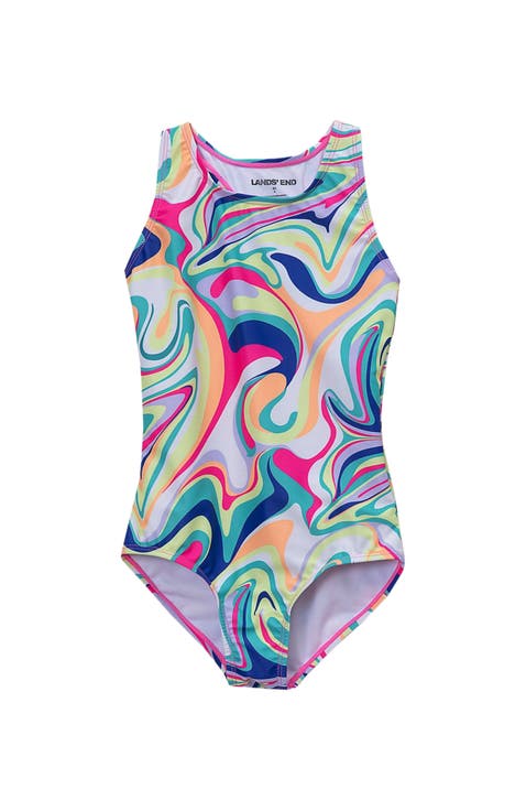 Girls Plus Chlorine Resistant Sporty Hi-Neck Racer Back One Piece Swimsuit